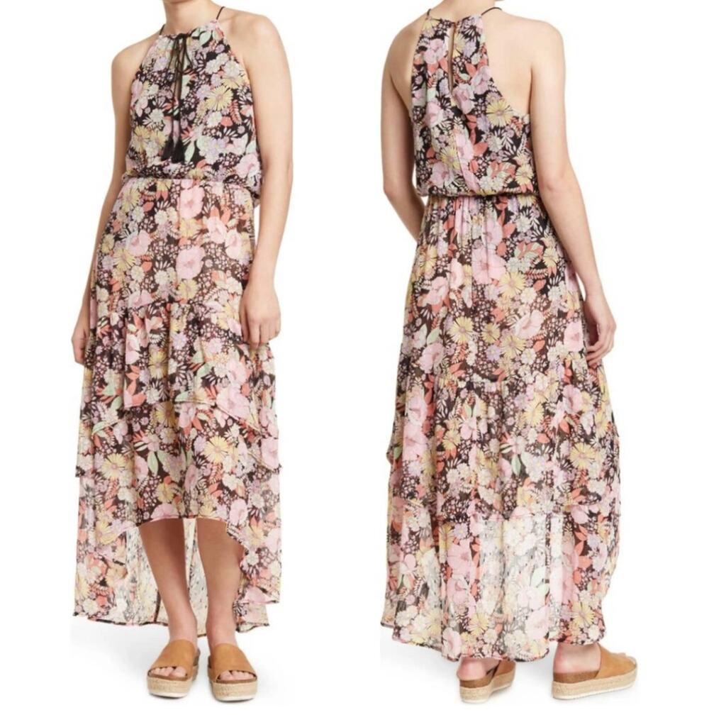 Melrose And Market Womens Flounce Dress Multicolor Floral High Low Midi Tiered S